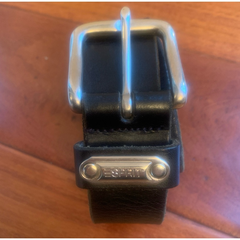 Vintage Esprit Black Leather Belt Size M (28 30) Square Silver Buckle 1.25" Wide